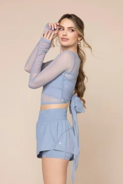 Bow Back Long Sleeve Mesh Top - Blue Storm