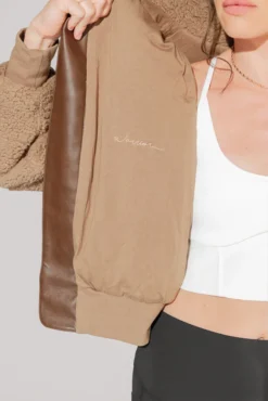 The Kinsley Bomber Jacket In Faux Sherpa - Teddy Bear Brown -Popflex Store KinsleyBomberJacket 5020 Group 0036 Edit