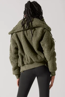The Kinsley Bomber Jacket In Faux Sherpa - Olive -Popflex Store KinsleyBomberJacket Olive 5020 0074 Edit