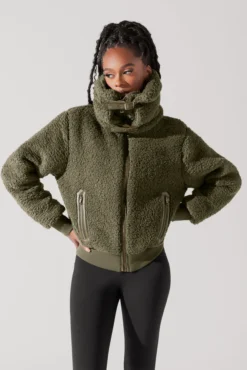 The Kinsley Bomber Jacket In Faux Sherpa - Olive -Popflex Store KinsleyBomberJacket Olive 5020 0082 Edit