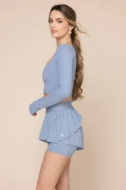 Sweetheart Long Sleeve Crop Top- Blue Storm -Popflex Store SweetheartLongSleeveCropTop 2022 RuffleShort BlueStorm 4017 02666